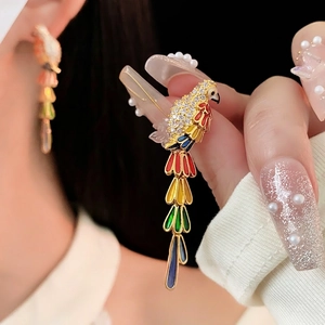 Luxury vintage gold-plated parrot drop earrings with crystal stones and colorful enamel