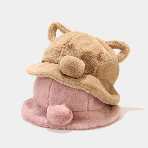 Cute plush bucket hat with cat ears and fluffy ball in khaki and pink colors for winter