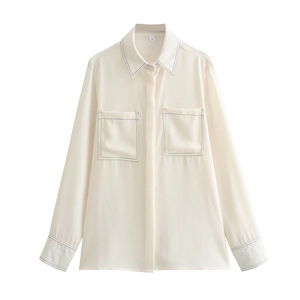 Women's Elegant Solid Color Polyester Blouse Contrast Stitching Long Sleeve Shirt With Double Pockets Casual Office Top