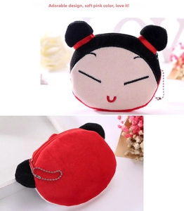 Close-up of Pucca plush coin purse featuring detailed embroidery and metal bead chain