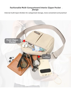 Detail of beige nylon crossbody bag showing spacious interior for phone and accessories