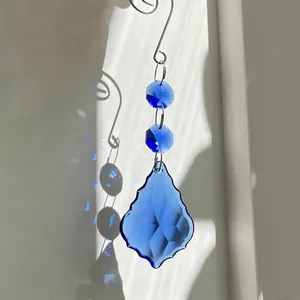 50mm blue crystal maple leaf suncatcher pendant with metal hook and light refraction