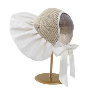 French vintage wide brim straw sun hat with cream satin bow for summer sun protection