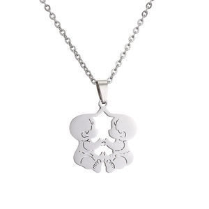 Silver stainless steel necklace with mother and twins hollow pendant for Mother's Day