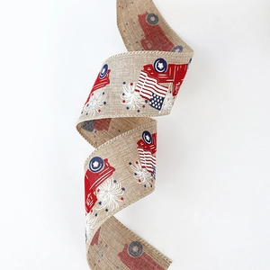Patriotic burlap ribbon with vintage red trucks and American flag star patterns