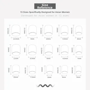 Detailed size chart for press-on nails showing 15 different length and width measurements
