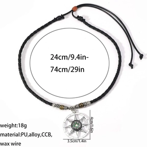 Detail view of adjustable compass pendant necklace with dimensions and material specs