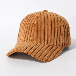 Classic camel corduroy baseball cap for winter featuring thick ribbed texture and curved brim