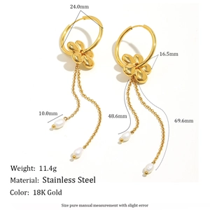 18K gold plated stainless steel flower earrings with pearl tassels and length specs