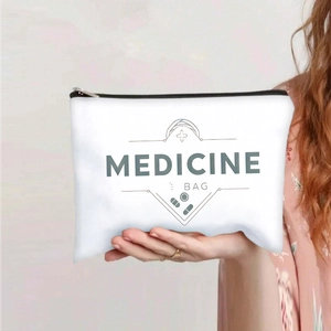 Handheld medicine bag with zip closure featuring white canvas and black medical icons