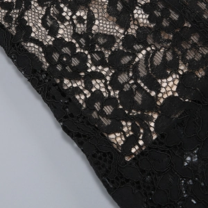 Close-up of intricate black lace fabric with floral embroidery and mesh texture
