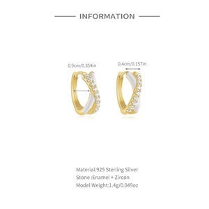 Detail view of gold and white enamel S925 silver hoop earrings with size dimensions