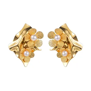Gold Plated Stainless Steel Flower Petal Earrings With Artificial Pearl Elegant Retro Exaggerated Floral Studs For Women
