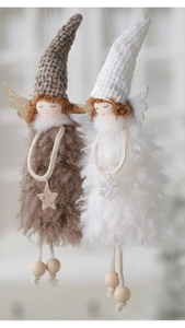 Detailed close-up of plush Christmas angel hanging ornaments with soft knit and fur texture