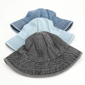 Three-color denim bucket hat set in dark grey, light blue and medium blue cotton wash fabric