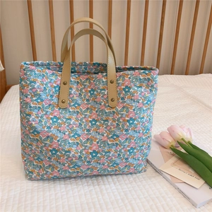 French Pastoral Floral Cotton Handbag With PU Leather Handle Zipper Closure Fresh Sweet Tote For Women
