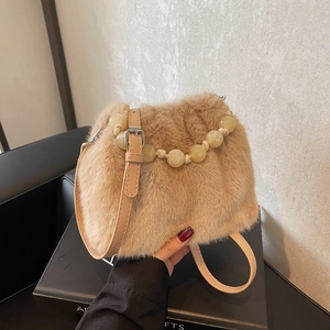 Faux Fur Bucket Bag Leopard Print Amber Bead Handle Adjustable Strap Autumn Winter Shoulder Crossbody Handbag For Women
