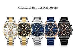Detailed showcase of men's chronograph watches in five distinct colors on white background