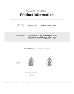 Size chart showing 2.5cm geometric zircon earrings with weight and material details