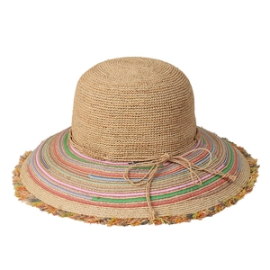 Handmade raffia sun hat with colorful rainbow fringe brim and decorative bow knot