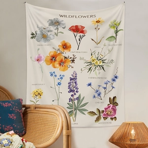 Detail of bohemian wildflower tapestry on wall featuring labeled botanical floral prints