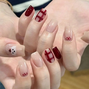 Press On Nails Red Checkerboard Bows Cartoon Puppy Design Short Square False Nail Tips For Women Sweet Korean Style