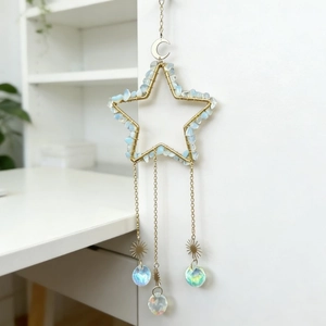 Star-shaped golden dream catcher with moonstones and celestial hanging crystal pendants