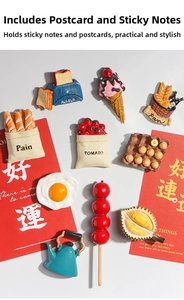 Detailed close-up of 3D resin fridge magnets featuring realistic food and drinks