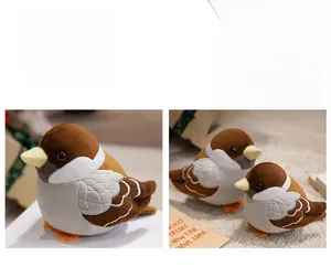 Soft plush sparrow toy showing two sizes with detailed stitching and lifelike bird features