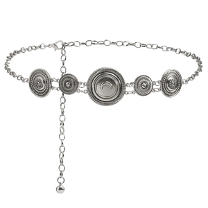 Silver metal waist chain with crescent moon engravings and ball fringe on white background