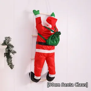 Detail view of 90cm Santa Claus figurine climbing a four-step white rope ladder for Christmas