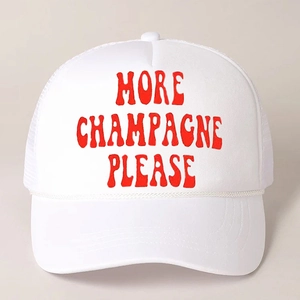 White mesh trucker cap with red More Champagne Please text and decorative rope trim