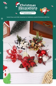 Close-up of 5-piece Christmas floral picks with red berries, pine needles and plaid bows
