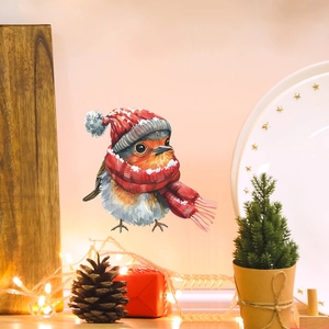 Sticker de Noël pour fenêtre avec un oiseau mignon et bonnet rouge pour décoration