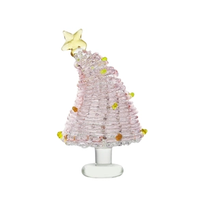 Árbol de Navidad de cristal rosa con cuentas amarillas y estrella sobre base circular