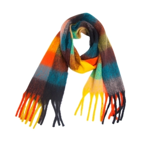 Colorful thick rainbow plaid scarf with soft mohair-like texture and chunky tassels for winter