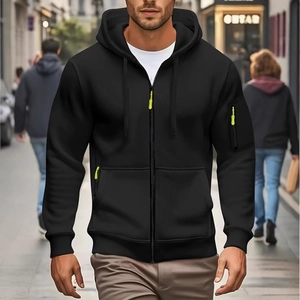 Men's solid black zip-up hoodie with neon accents and sleeve pocket for casual wear
