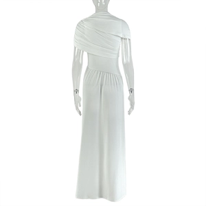 Close-up of elegant white dress showing ruched back detail and high elastic fabric texture