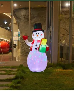 Detailed view of an inflatable snowman with a rotating LED light and festive gift boxes