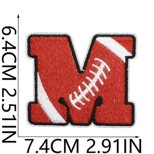 Detail showing letter M football embroidery patch dimensions of 7.4cm by 6.4cm