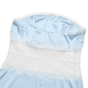 Detail of light blue satin dress with white lace stitching and invisible zipper closure