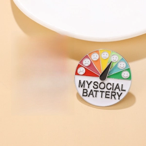 Adjustable My Social Battery sliding enamel pin for daily mood and energy tracking