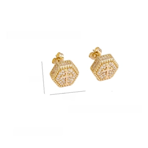 Macro view showing dimensions of geometric hexagonal zircon stud earrings with cross