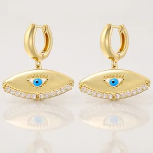 Creative gold brass evil eye hoop earrings with white zircon stones for women
