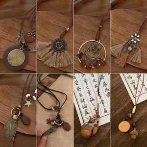 Flower Tassel Feather Alloy Wood Pendant Long Necklace Bohemian Ethnic Retro Style Vintage Women Jewelry