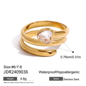 Golden double-layered stainless steel ring with a sparkling heart-shaped zircon stone