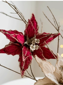 Gros plan d'un poinsettia de Noël en velours rouge de 28cm avec des bords dorés brillants