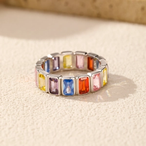 S925 sterling silver ring featuring colorful rectangular gemstones in a vibrant stacked design