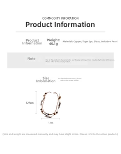 Detail showing vintage tiger's eye and pearl long necklace with exact size measurements