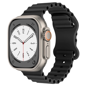 Close-up of a black silicone ocean band with wave design on an Apple Watch Ultra-style case